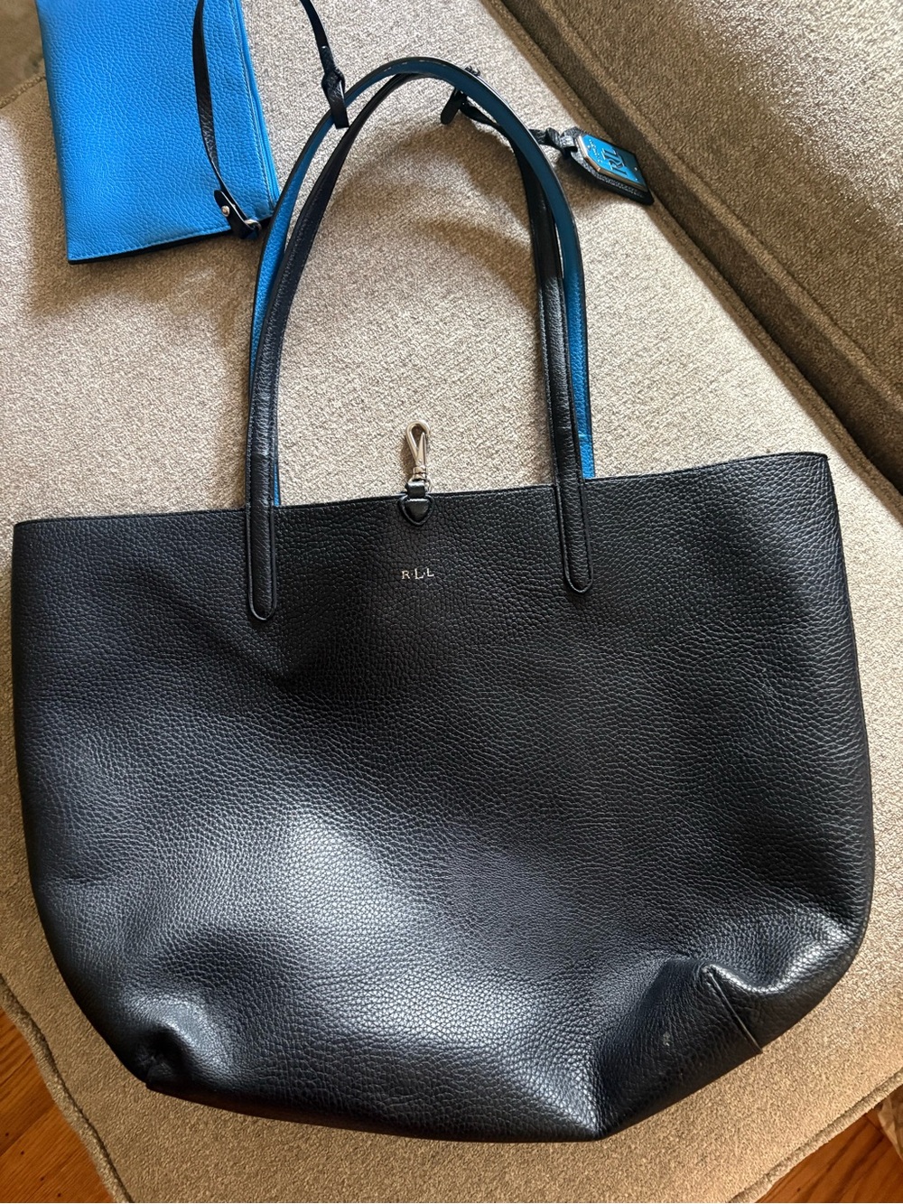Ralph Lauren Black Leather Tote with Blue Interior Trim